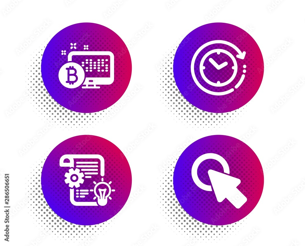 Poster bitcoin system, cogwheel and time change icons simple set. halftone dots button. click here sign. cr