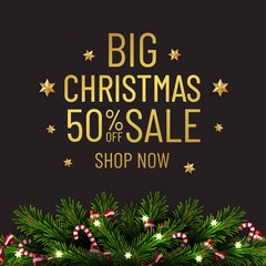 Merry Christmas and Happy New Year sale banner. Christmas tree border with golden decorations. Business flyer