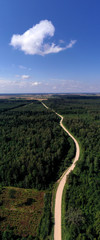 Summer time forest landscape with gravel road, aerial view