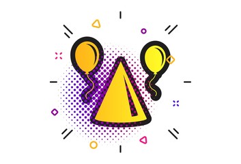 Party hat sign icon. Halftone dots pattern. Birthday celebration symbol. Air balloon with rope. Classic flat party hat icon. Vector