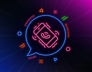 Call center service line icon. Neon laser lights. Phone support sign. Feedback symbol. Glow laser speech bubble. Neon lights chat bubble. Banner badge with call center icon. Vector