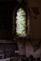 Fototapeta na wymiar Derelict Cobweb Covered Windows - Abandoned Church of the Holy Innocents - Albany, New York