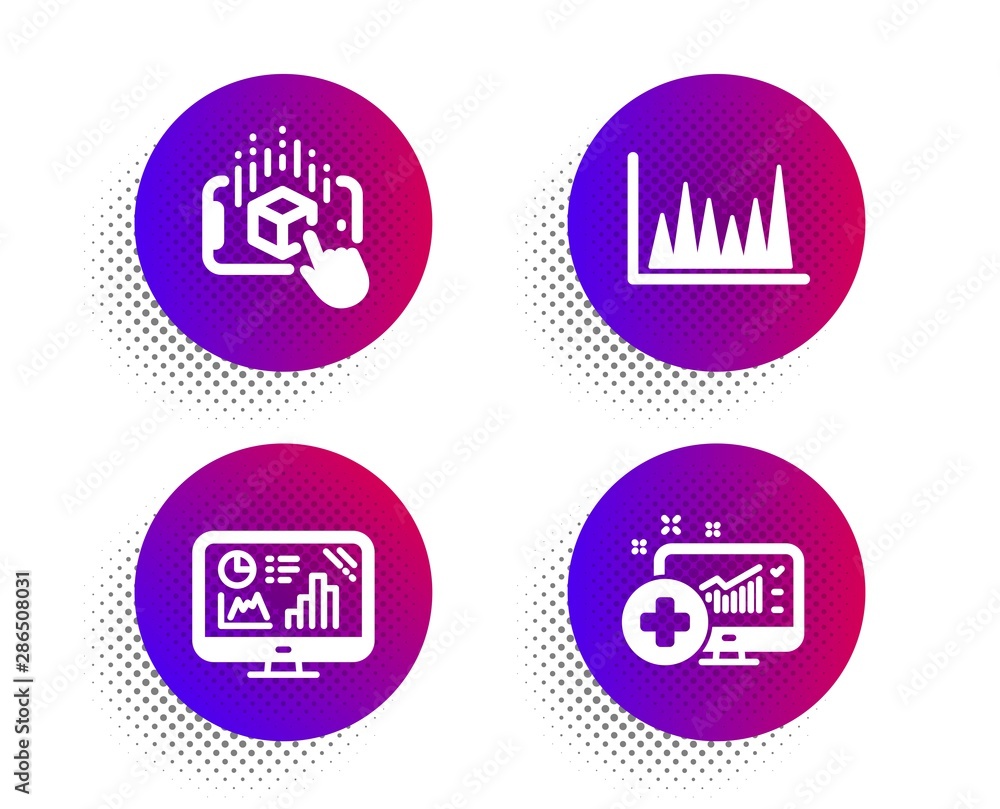 Poster line graph, analytics graph and augmented reality icons simple set. halftone dots button. medical an