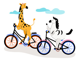 Zebra and giraffe cycling - modern flat design style illustration