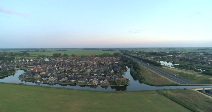 Panorama of Akkrum with A32 Highway, Friesland Netherlands / Holland 4K Drone Footage