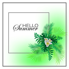 Beautiful summer banner with exotic palm leaves and daylily flowers. Frame, brochure template.