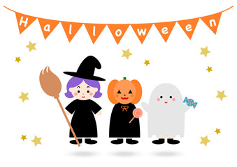 Fototapeta premium ハロウィンのイラスト: 魔女とかぼちゃとお化け