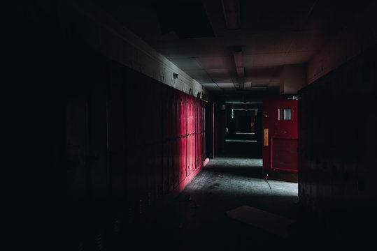 Derelict Hallway With Red Lockers - Abandoned Gladstone School - Hazelwood / Pittsburgh, Pennsylvania