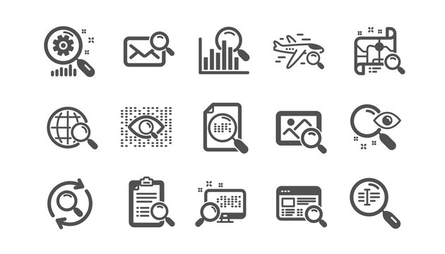 Search icons. Indexation, Artificial intelligence and Car rental. Search images classic icon set. Quality set. Vector
