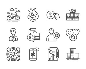 Set of Business icons, such as Businessman, Computer fan, Hot loan, Mail, Smile, Accounting report, University campus, Payment, Hospital building, Engineer, Bike rental, Report document. Vector