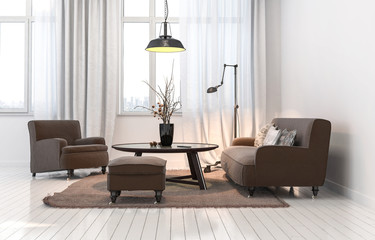 Monochromatic white living room with brown decor