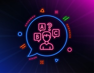 Quiz test line icon. Neon laser lights. Select answer sign. Business interview symbol. Glow laser speech bubble. Neon lights chat bubble. Banner badge with quiz test icon. Vector