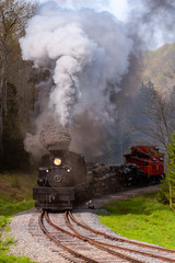 Fototapeta na wymiar Antique Steam Shay Locomotive Train + Caboose + Billowing Smokestack - Historic Cass Scenic Railroad - West Virginia