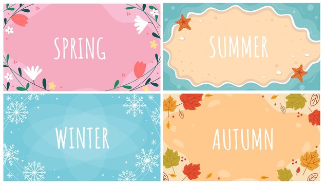 Beautiful natural seasonal backgrounds set vector illustration. Spring, summer, autumn, winter templates with inscriptions and orange, yellow leaves, blue snowflakes and flowers flat style design