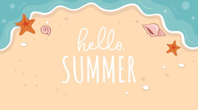 Hello summer banner with golden beach and blue sea vector illustration. Summertime holiday template with sand, ocean waves and shells for vacation and travel themes design