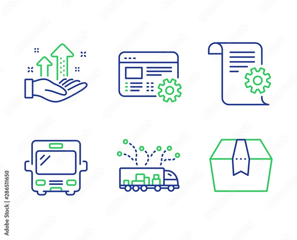 Poster web settings, analysis graph and technical documentation line icons set. truck delivery, bus and pac