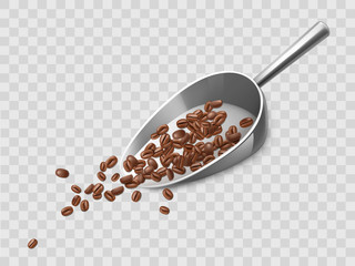 Roasted coffee beans on metallic or stainless steel scoop with glossy handle 3d realistic vector illustration isolated on transparent background. Kitchen utensil, coffee selling shop ad design element