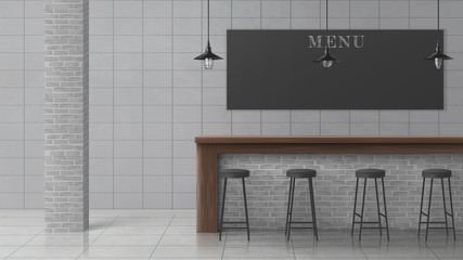 Bar, cafe, coffee shop or pub minimalistic, loft interior with stools standing in row near wooden counter desk, hanging vintage lamps, brick column, chalkboard menu, tilled wall and floor illustration © vectorpocket