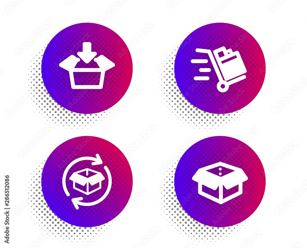 Poster get box, return parcel and push cart icons simple set. halftone dots button. open box sign. send pac