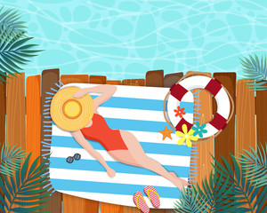 Summer banner design with people sunbathing and lifebuoy