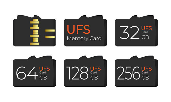 Portable universal flash storage memory card. Set of different capacity, top and bottom view.