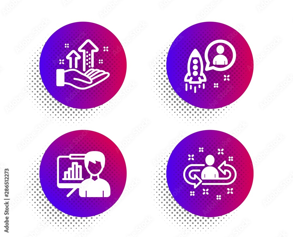 Poster analysis graph, presentation board and startup icons simple set. halftone dots button. recruitment s