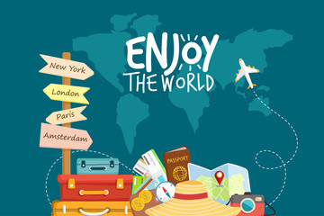 Travel by airplane. World Travel. Planning summer vacations. Tourism and vacation theme. © Johnstocker