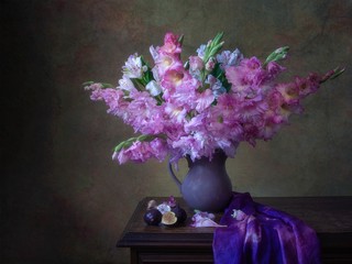 Still life with splendid bouquet of  gladiolus flowers
