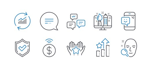Set of Technology icons, such as Chat messages, Confirmed, Creative design, Smile, Text message, Update data, Ranking, Ranking stars, Contactless payment, Face search line icons. Vector