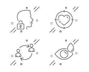User communication, Heart target and Unlock system line icons set. Eye drops sign. Human resources, Love aim, Access granted. Check vision. People set. Line user communication outline icon. Vector