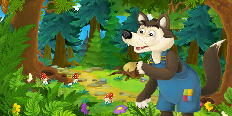 Cartoon fairy tale scene with wolf on the meadow in the forest - illustration for children