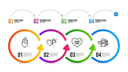 Sweetheart, Heart, Romantic people. Infographics timeline. Love you, Love message and Heart flame line icons set. Love set. Love you icon. Timeline diagram. Vector