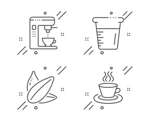 Cooking beaker, Coffee maker and Sunflower seed line icons set. Tea cup sign. Water, Tea machine, Vegetarian food. Coffee mug. Food and drink set. Line cooking beaker outline icon. Vector