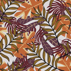 Trend seamless pattern with orange tropical leaves and plants on white background. Colorful texture design, textile, fabric, printing. Tropical flora, Botanical set. Vector design.