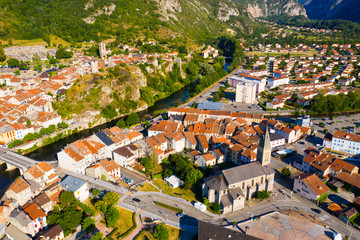 Aerial view of Tarascon-sur-Ariege with Church and castle tower