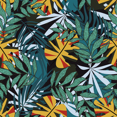 Summer seamless pattern with tropical flora. Vector texture design, textile, fabric, printing. Colorful print. Hawaiian style. Bright tropical plants and leaves on a black background. Exotic design.