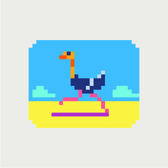 Ostrich running in the desert pixel art  vector illustration. Design for logo, sticker and mobile app.