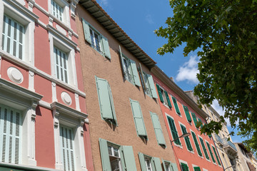 street of colorful houses in old modern city of Carcassonne in Aude France