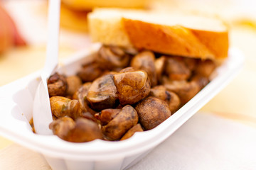 Vegetarian street food in Germany, roasted champignon mushrooms with sour cream and bread