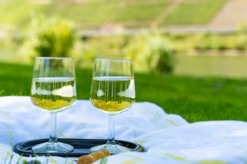 Famous German quality white wine riesling, produced in Mosel wine regio from white grapes growing on terraced vineyards in Mosel river valley in Germany