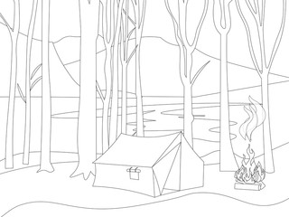 Camping. Tent in the forest, on the banks of the river. Coloring vector