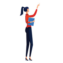 Woman holds book and makes gesture points at something with index finger