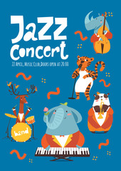 Jazz music poster design with cartoon animals playing music instruments and singing