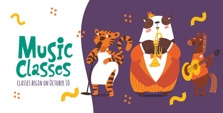 Vector music classes advertisement flyer or poster design with animals playing music instruments