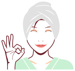 Young asian woman face vector illustration (just out of the bath) /ok sign with smiling 
