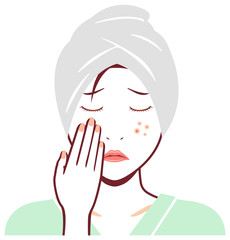 Young asian woman face vector illustration (just out of the bath) / acne, treckles 