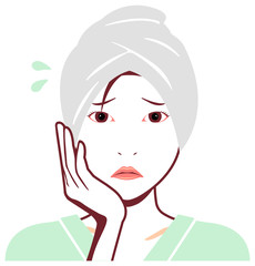 Young asian woman face vector illustration (just out of the bath) / troubled , annoying 