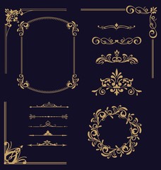 Vector set of vintage elements. Frames, dividers for your design. Golden Components in royal style. Elements for design menus, websites, certificates, boutiques, salons, etc.