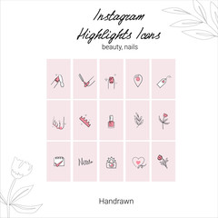 Instagram Highlights Stories Covers line Icons for nail salon, beauty salon.