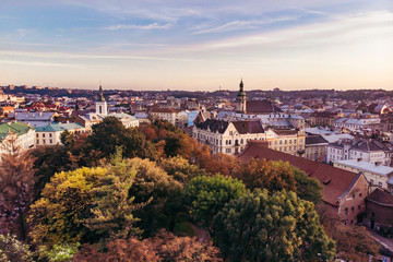 Obraz premium aerial view of sunset above european city